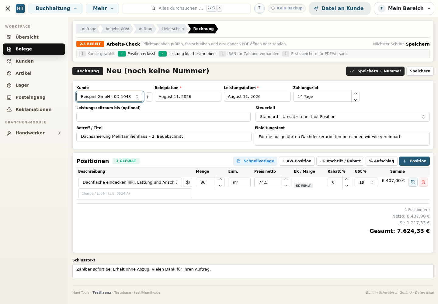 Echte Belegerfassung in der Hani Tools Fliesenleger-Software